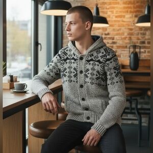 COUPE Men's Wool Blend Knit Button Up Hooded Jacket Beige Black Nordic Size L